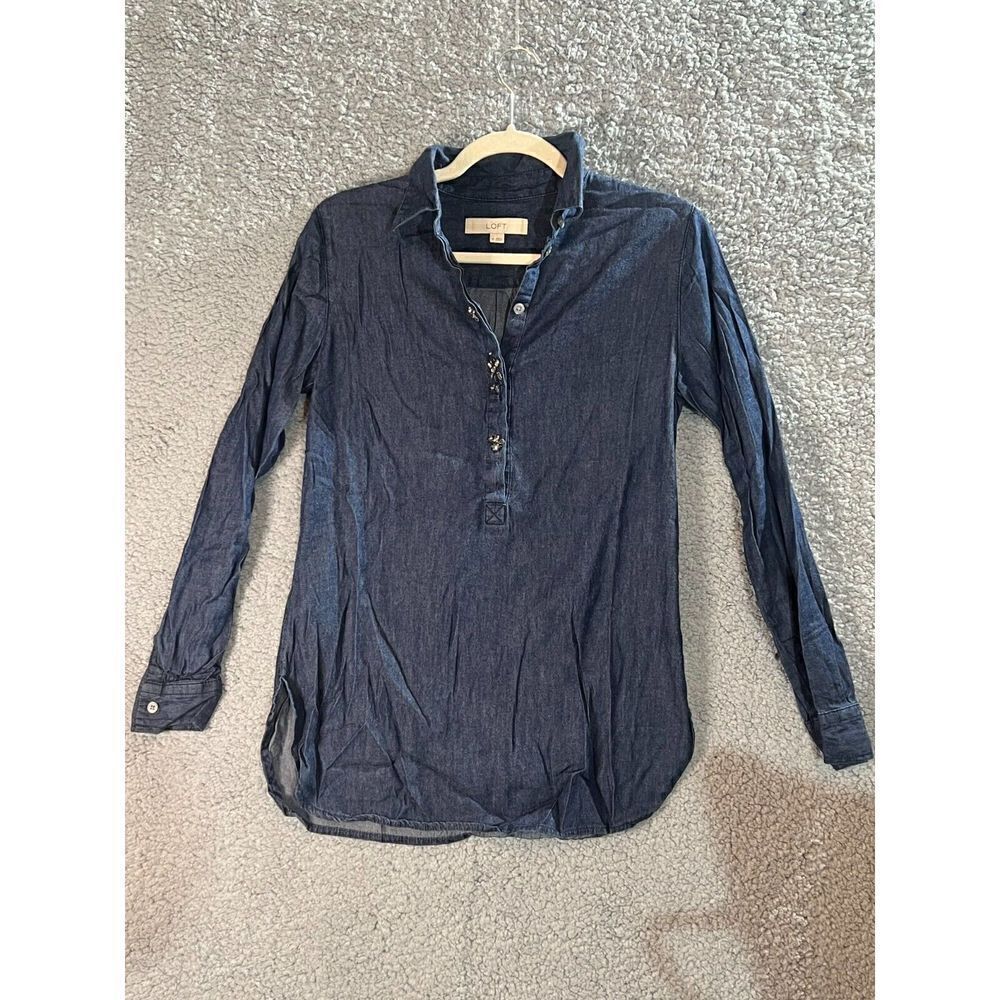 LOFT long sleeve denim quarter button down womens top xs